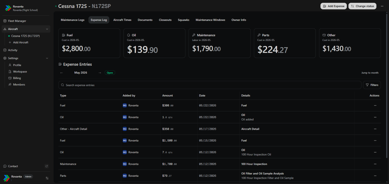 Rovanta expense log showing aircraft expenses, fuel costs, maintenance and parts tracking
